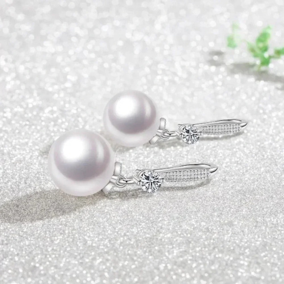 Sterling Silver Diamond 10 MM Pearl Drop Earrings - Picture 4 of 5